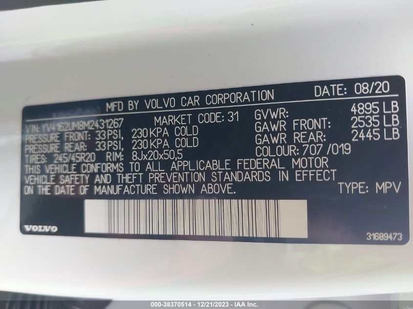 2021 VOLVO XC40 T5 R-DESIGN YV4162UM8M2431267