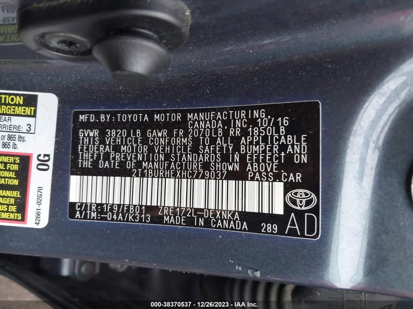 VIN 2T1BURHEXHC779037 2017 TOYOTA COROLLA LE