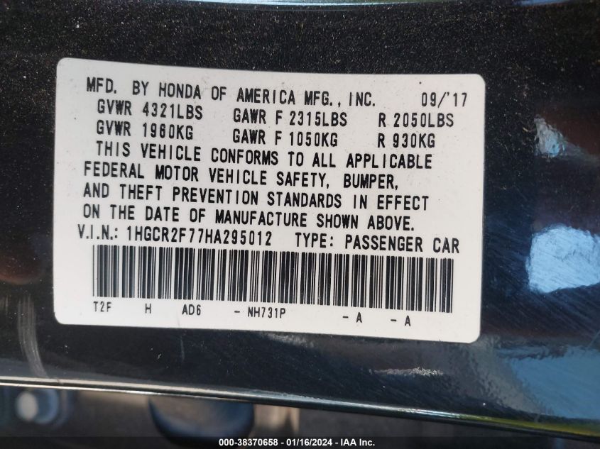 2017 HONDA ACCORD EX - 1HGCR2F77HA295012