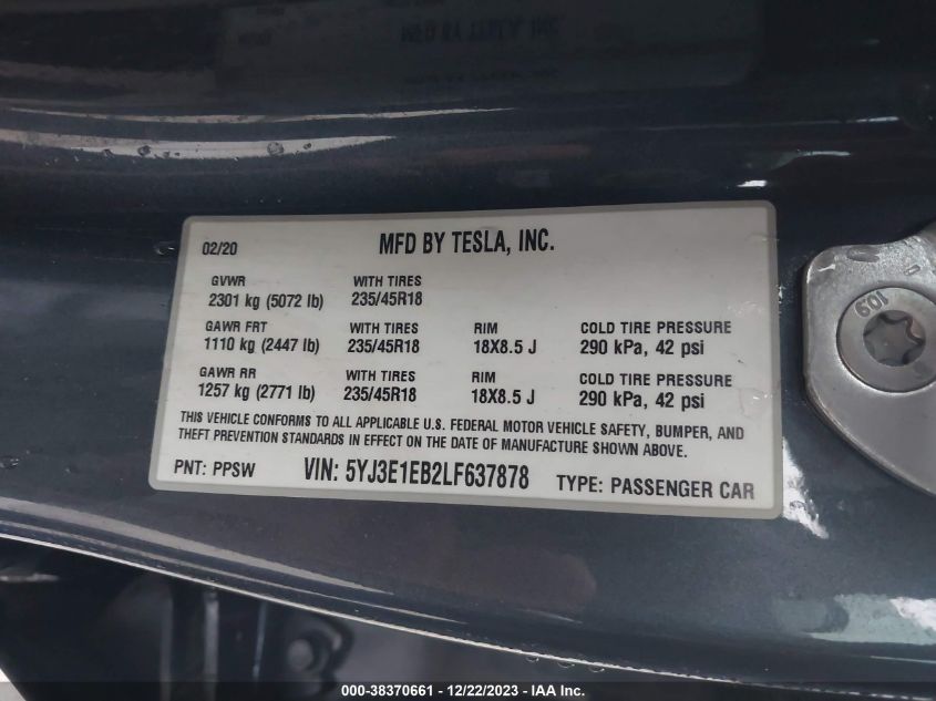 2020 TESLA MODEL 3 - 5YJ3E1EB3LF663373