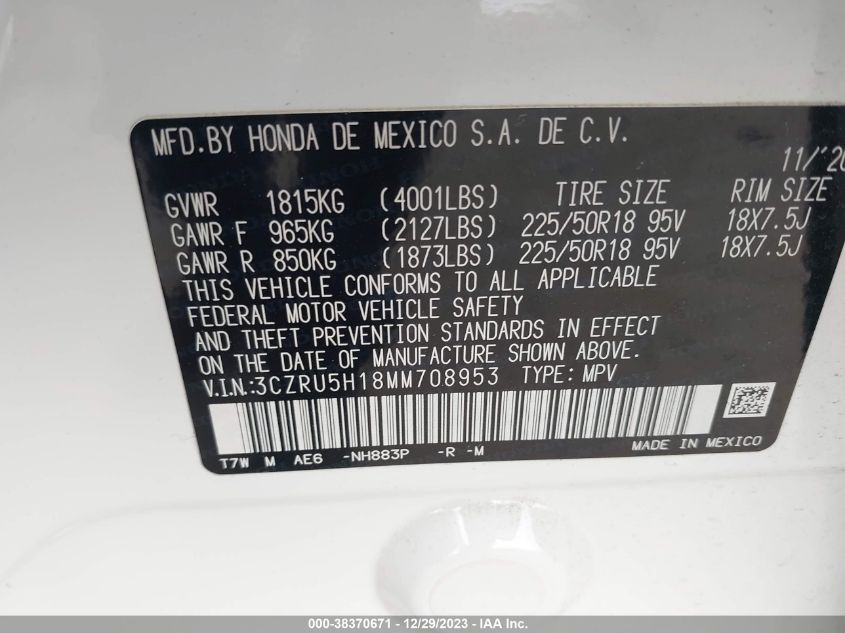 2021 HONDA HR-V 2WD SPORT - 3CZRU5H18MM708953