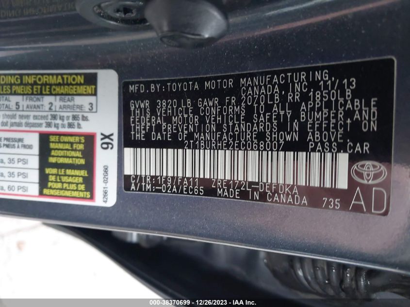 2014 TOYOTA COROLLA L/LE/LE PLS/PRM/S/S PLS - 2T1BURHE2EC068007