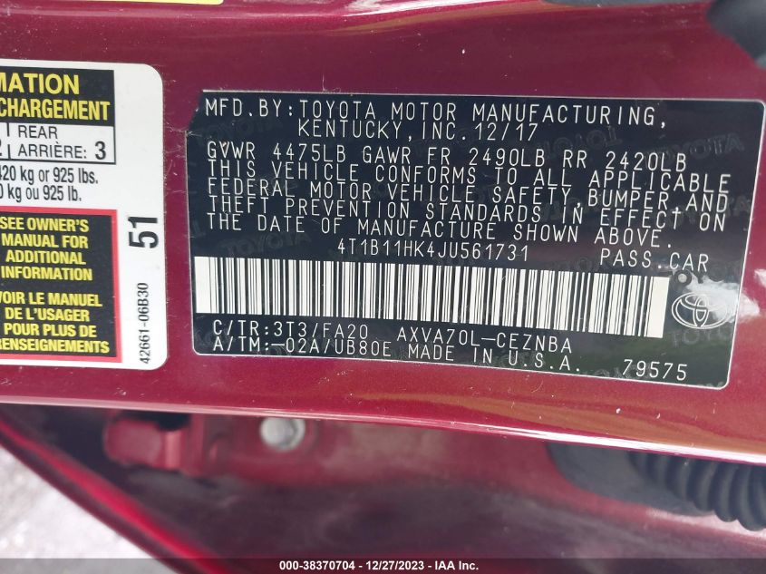 2018 TOYOTA CAMRY LE - 4T1B11HK4JU561731