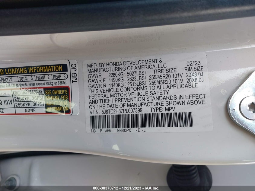 VIN 5J8TC2H87PL007399 2023 ACURA RDX A-SPEC ADVANCE