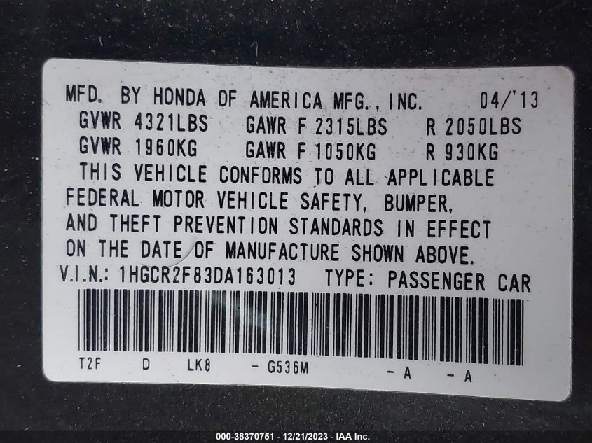 2013 HONDA ACCORD EX-L - 1HGCR2F83DA163013