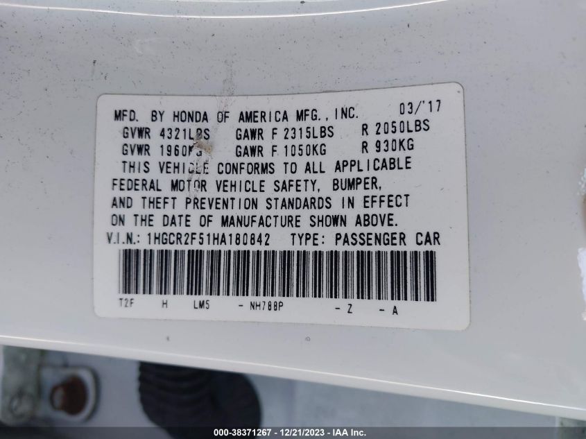 2017 HONDA ACCORD SPORT - 1HGCR2F51HA180842