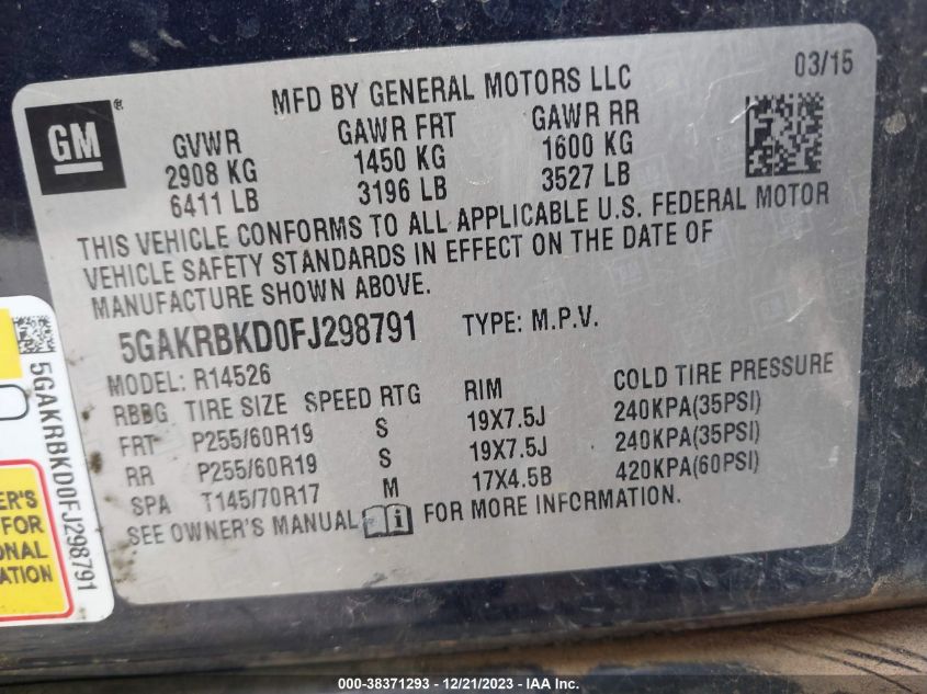 2015 BUICK ENCLAVE LEATHER - 5GAKRBKD0FJ298791