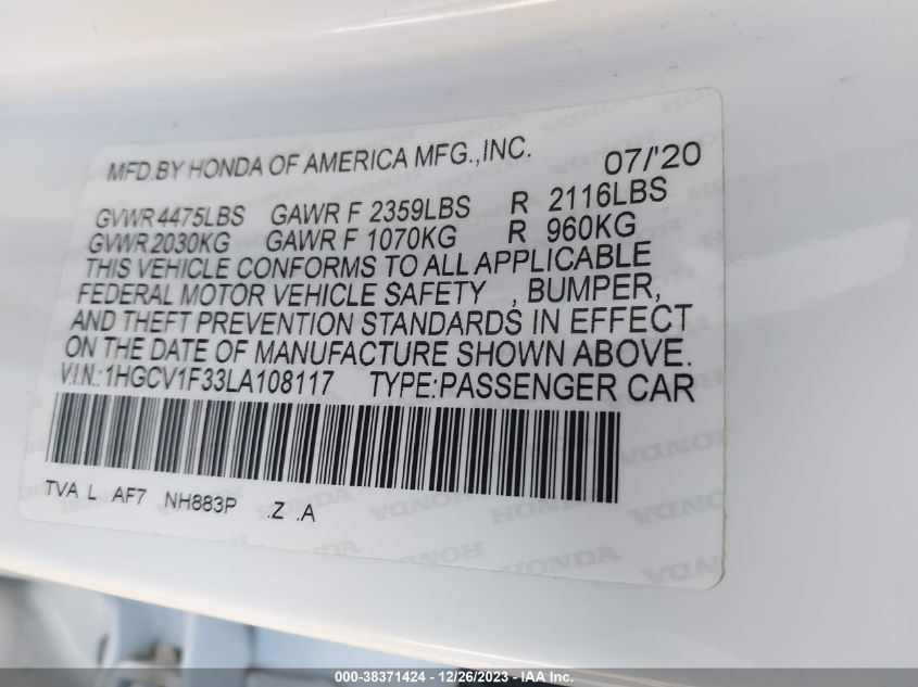 2020 HONDA ACCORD SPORT - 1HGCV1F33LA108117