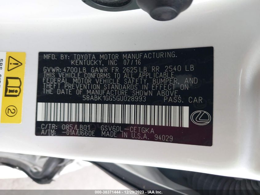 2016 LEXUS ES 350 58ABK1GG5GU028993