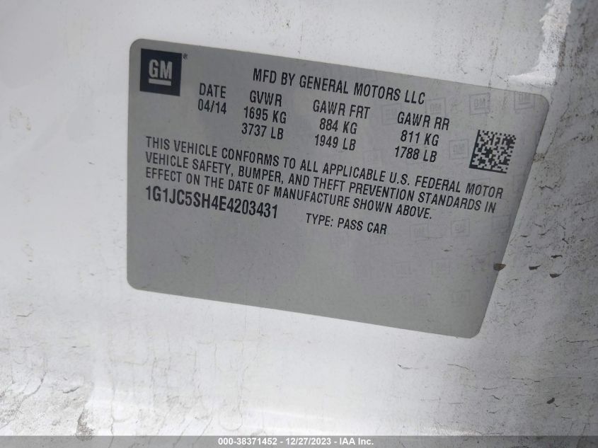 2014 CHEVROLET SONIC LT AUTO - 1G1JC5SH4E4203431