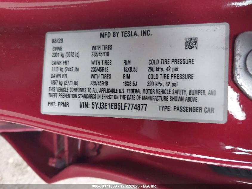 5YJ3E1EB5LF774877 | 2020 TESLA MODEL 3