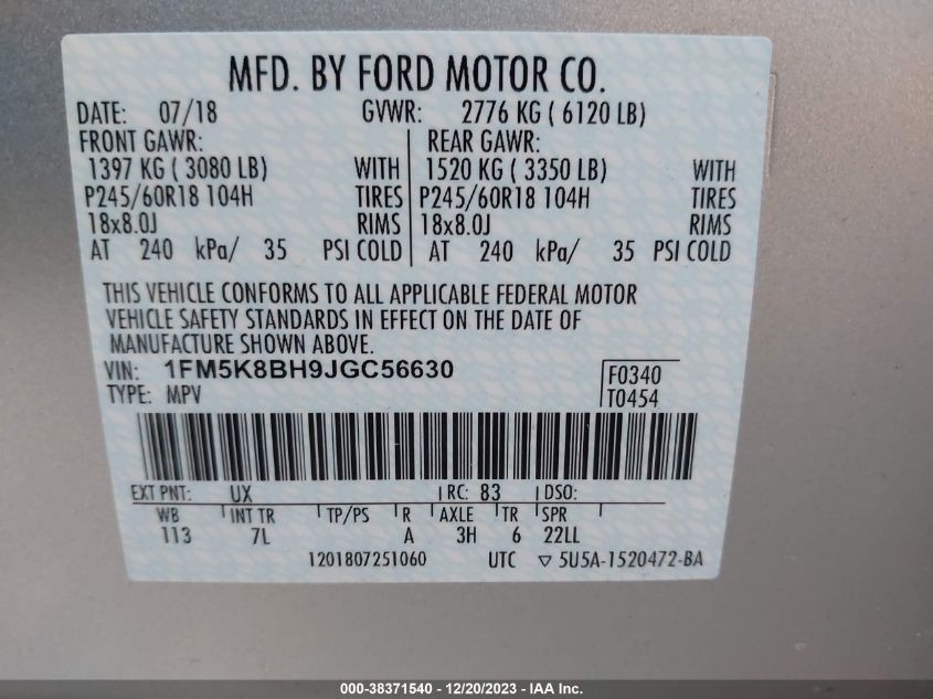 2018 FORD EXPLORER - 1FM5K8BH9JGC56630