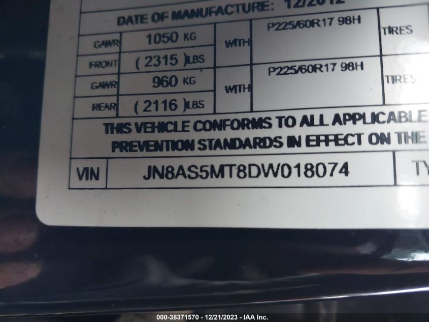 2013 NISSAN ROGUE S/SV/SV W/SL PKG - JN8AS5MT8DW018074