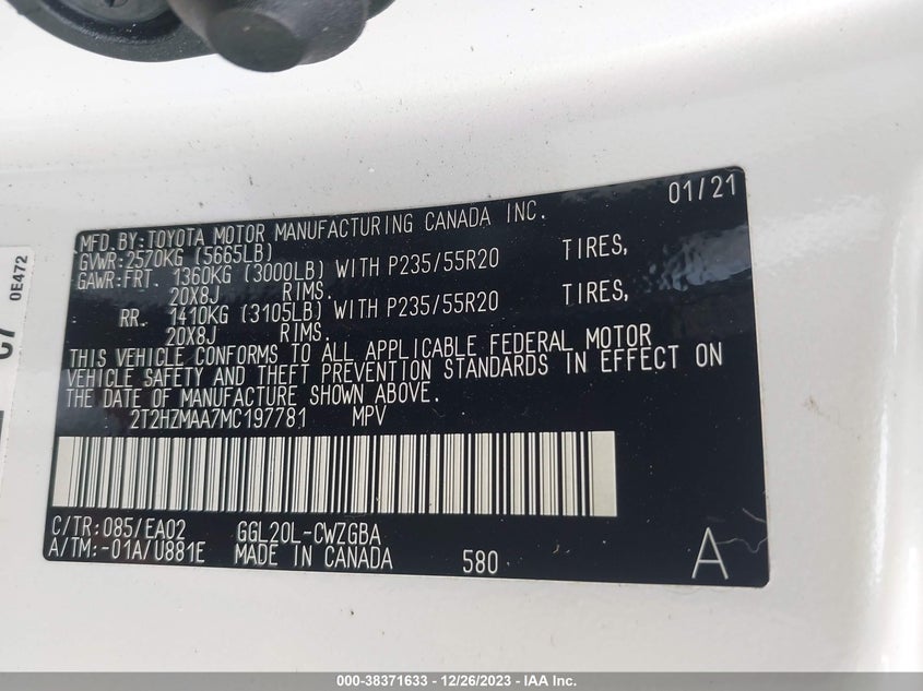 VIN 2T2HZMAA7MC197781 2021 LEXUS RX 350