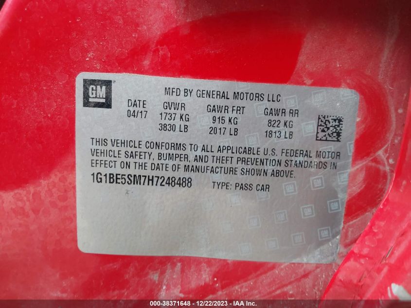 2017 CHEVROLET CRUZE LT - 1G1BE5SM7H7248488