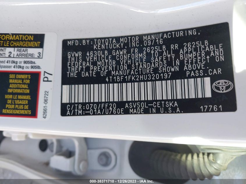 2017 TOYOTA CAMRY SE - 4T1BF1FK2HU320197