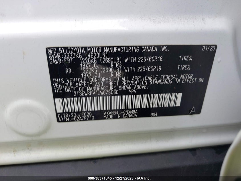 VIN 2T3EWRFV1LW075060 2020 TOYOTA RAV4 XSE HYBRID