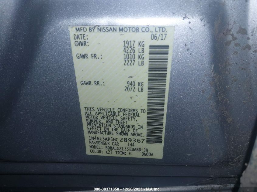 2017 NISSAN ALTIMA 2.5 S - 1N4AL3AP5HC289367