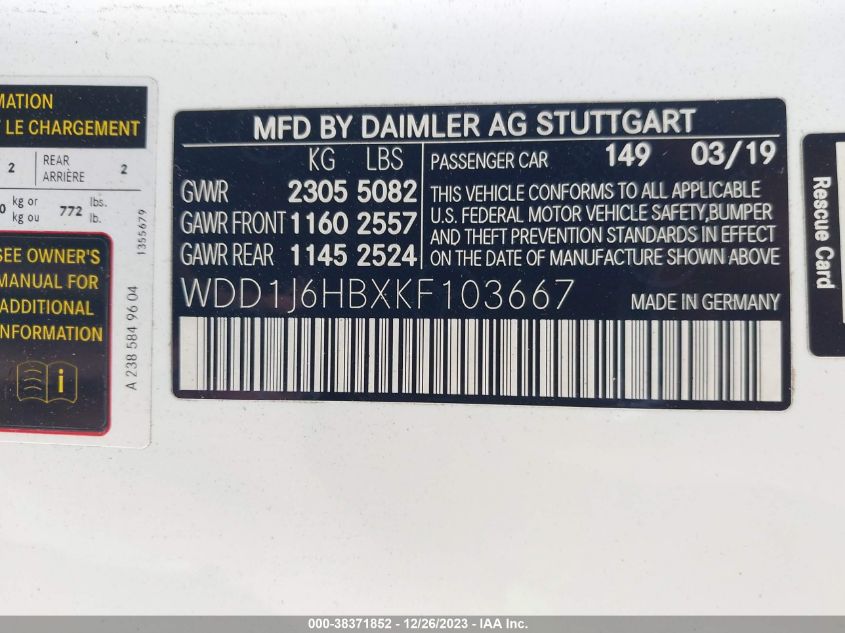 2019 MERCEDES-BENZ E 450 450 - WDD1J6HBXKF103667