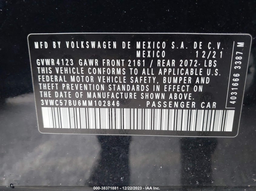 VIN 3VWC57BU6MM102846 2021 VOLKSWAGEN JETTA S/SE/R-LINE