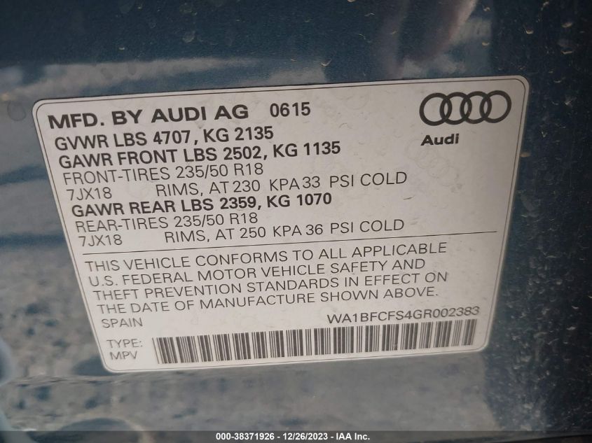 2016 AUDI Q3 2.0T PREMIUM PLUS - WA1BFCFS4GR002383
