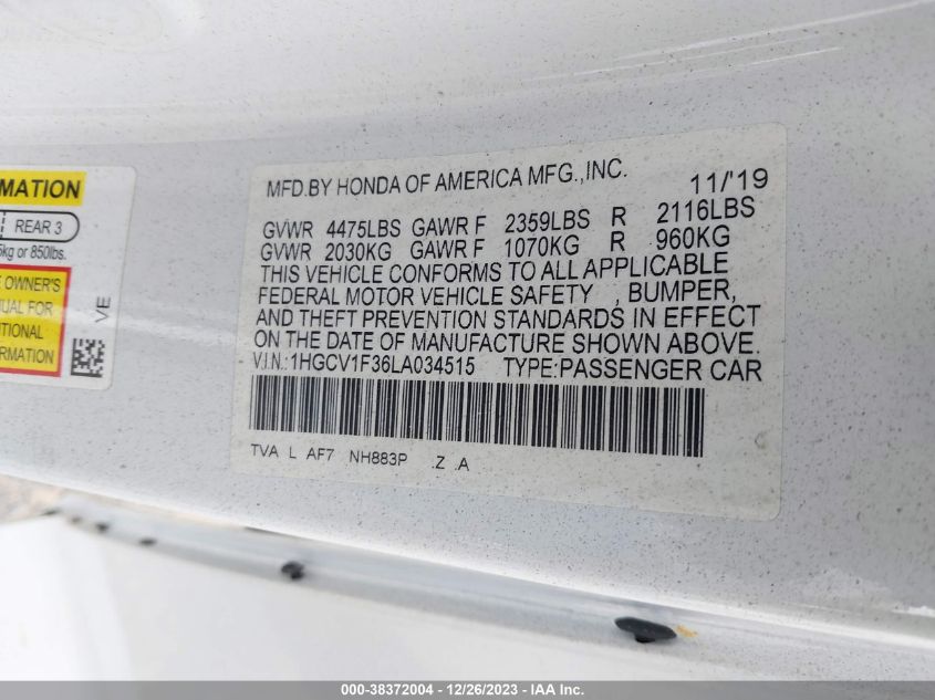 2020 HONDA ACCORD SPORT - 1HGCV1F36LA034515