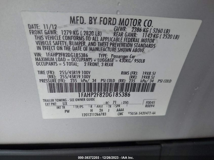 2013 FORD TAURUS LIMITED - 1FAHP2F82DG185386