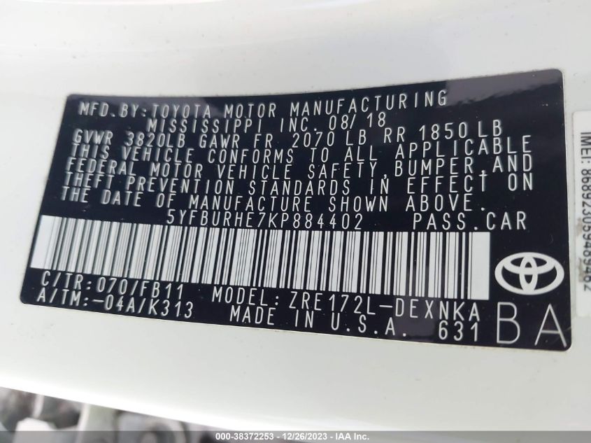 2019 TOYOTA COROLLA LE - 5YFBURHE7KP884402