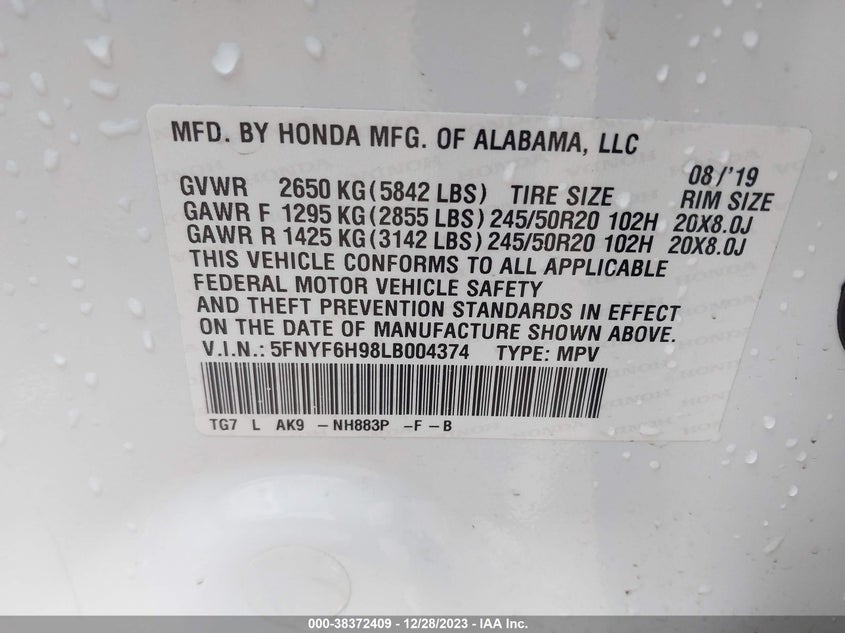 VIN 5FNYF6H98LB004374 2020 HONDA PILOT TOURING