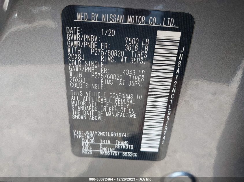 2020 NISSAN ARMADA SV/SL/PLATINUM - JN8AY2NC1L9619741