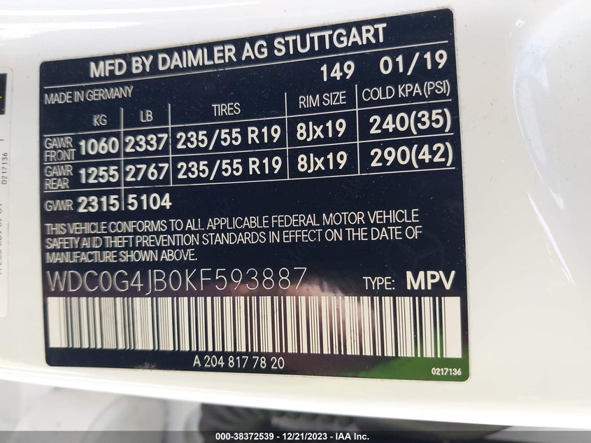 VIN WDC0G4JB0KF593887 2019 MERCEDES-BENZ GLC 300 300