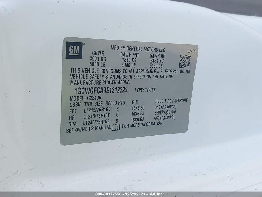 2014 CHEVROLET EXPRESS 2500 WORK VAN 1GCWGFCA8E1212322