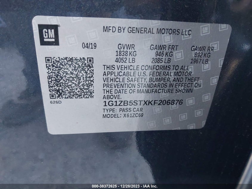 VIN 1G1ZB5STXKF206876 2019 CHEVROLET MALIBU 1LS