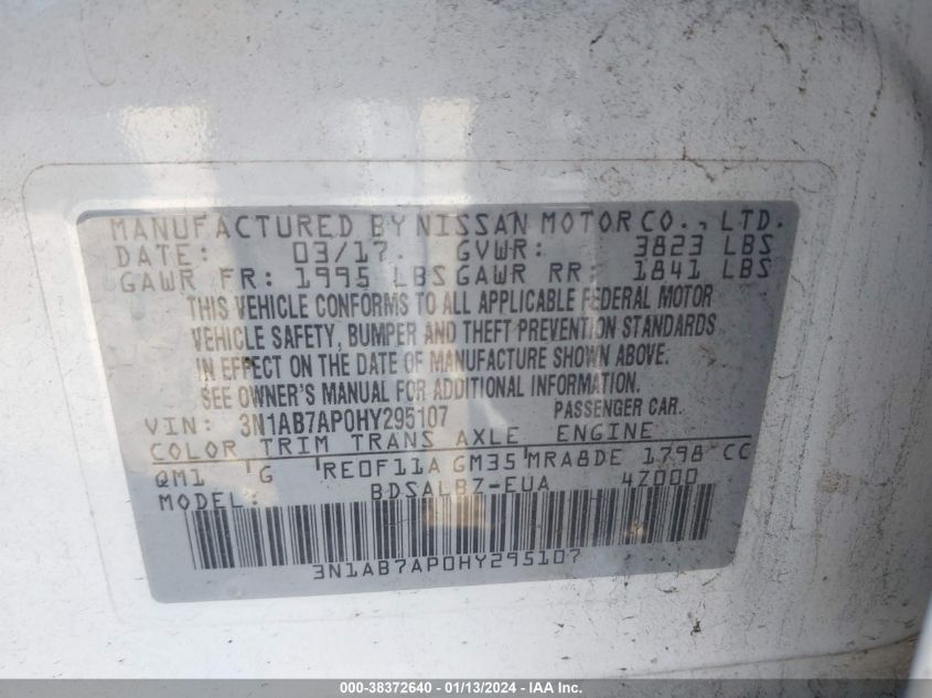 2017 NISSAN SENTRA S/SV/SR/SL - 3N1AB7AP0HY295107