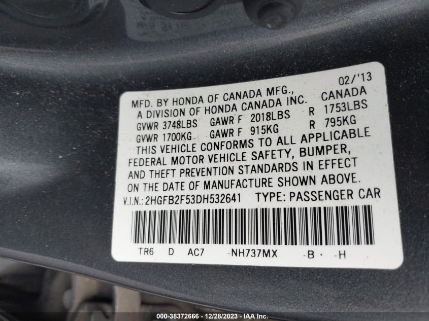 2013 HONDA CIVIC LX - 2HGFB2F53DH532641