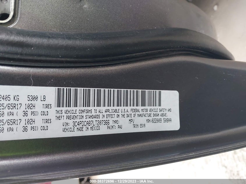VIN 3C4PDCAB7LT207366 2020 DODGE JOURNEY SE VALUE