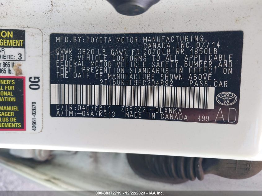 2T1BURHE9EC204892 | 2014 TOYOTA COROLLA