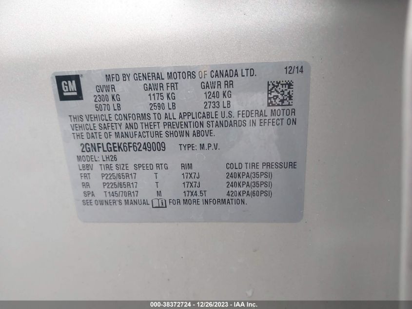 2015 CHEVROLET EQUINOX LT - 2GNFLGEK6F6249009