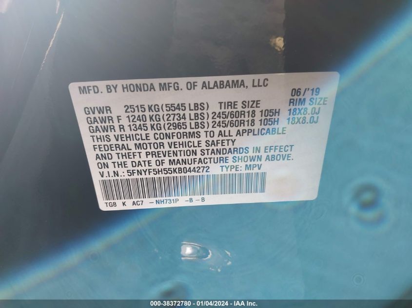 2019 HONDA PILOT EX-L - 5FNYF5H55KB044272