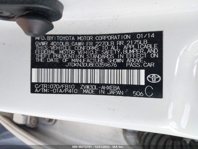 2014 TOYOTA PRIUS FIVE/FOUR/THREE/TWO - JTDKN3DU8E0359676