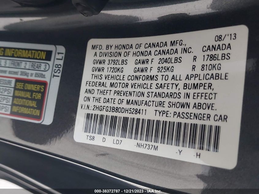 2013 HONDA CIVIC EX - 2HGFG3B80DH528411