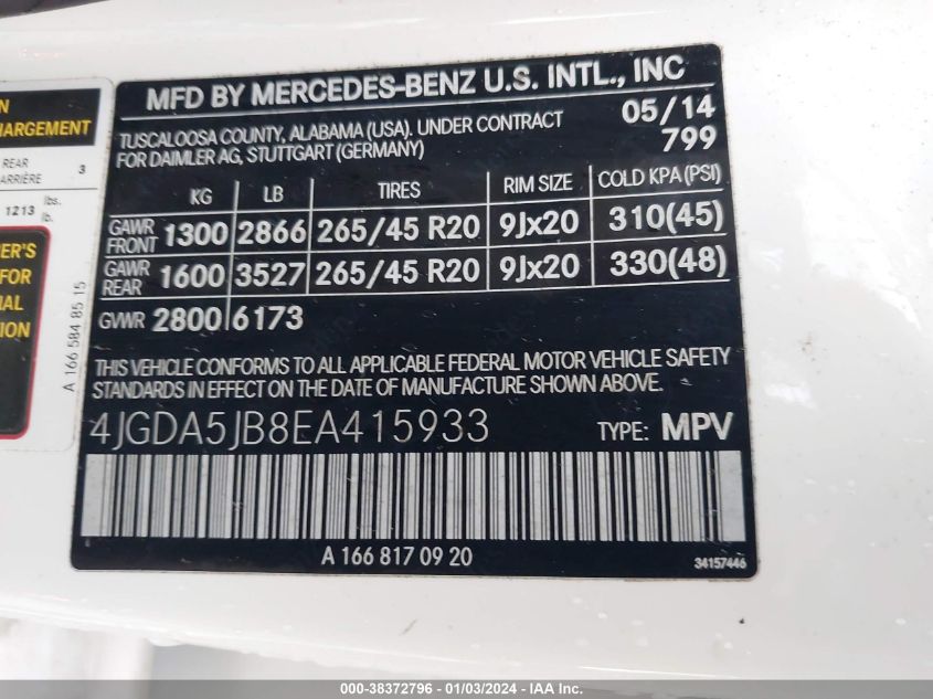 2014 MERCEDES-BENZ ML 350 4JGDA5JB8EA415933
