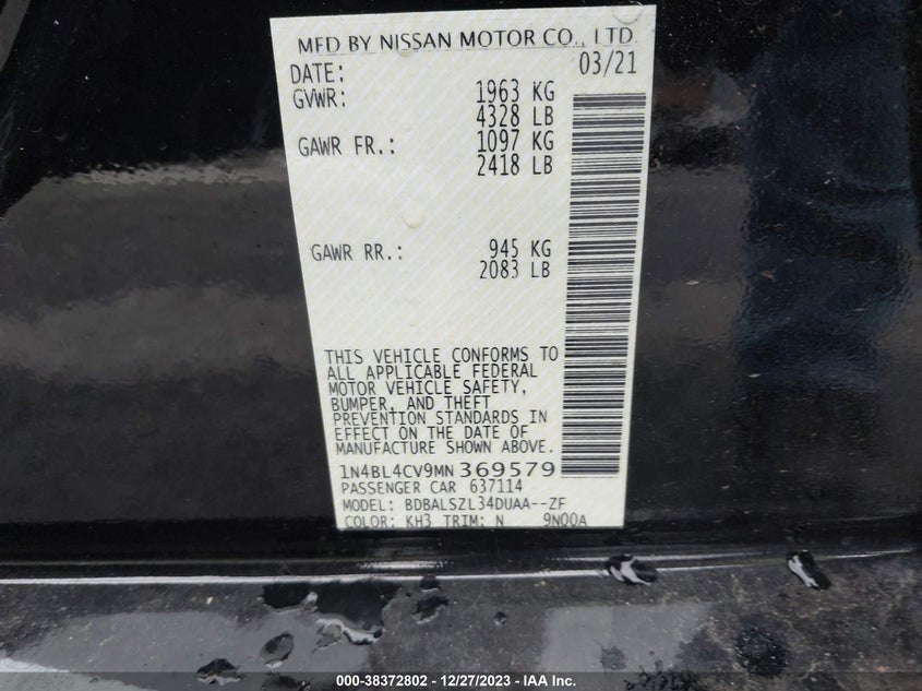 VIN 1N4BL4CV9MN369579 2021 NISSAN ALTIMA SR
