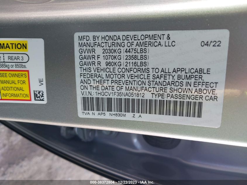 1HGCV1F35NA051812 | 2022 HONDA ACCORD