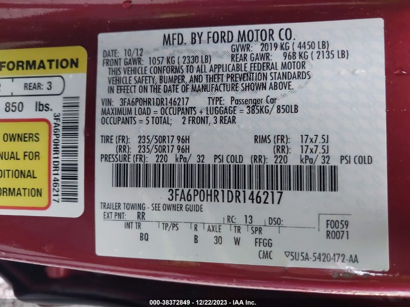 2013 FORD FUSION SE - 3FA6P0HR1DR146217