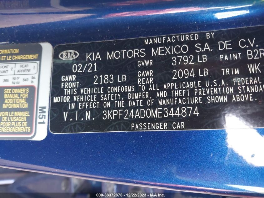 2021 KIA FORTE FE/LXS - 3KPF24AD0ME344874
