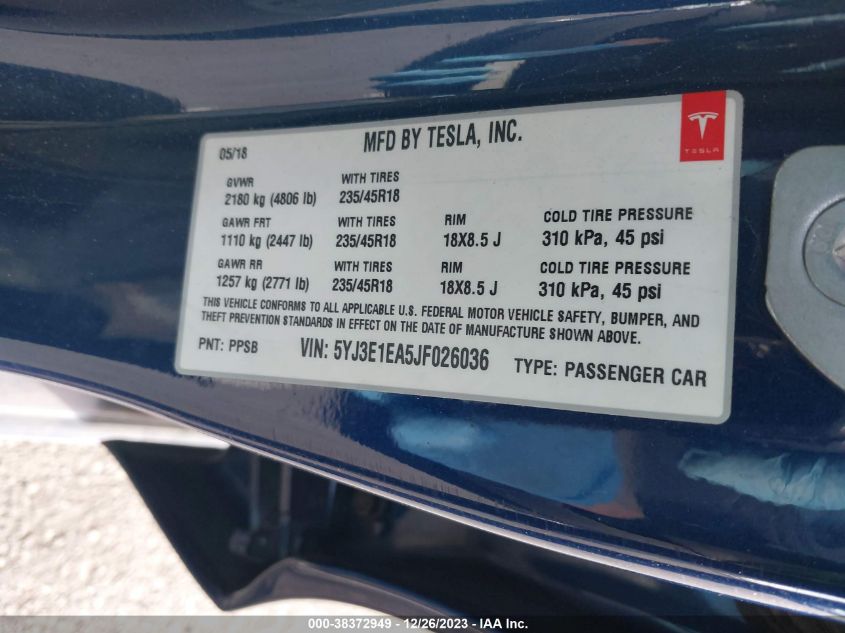 2018 TESLA MODEL 3 LONG RANGE/MID RANGE - 5YJ3E1EA5JF026036