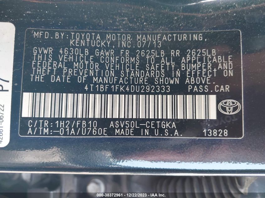 2013 TOYOTA CAMRY XLE - 4T1BF1FK4DU292333