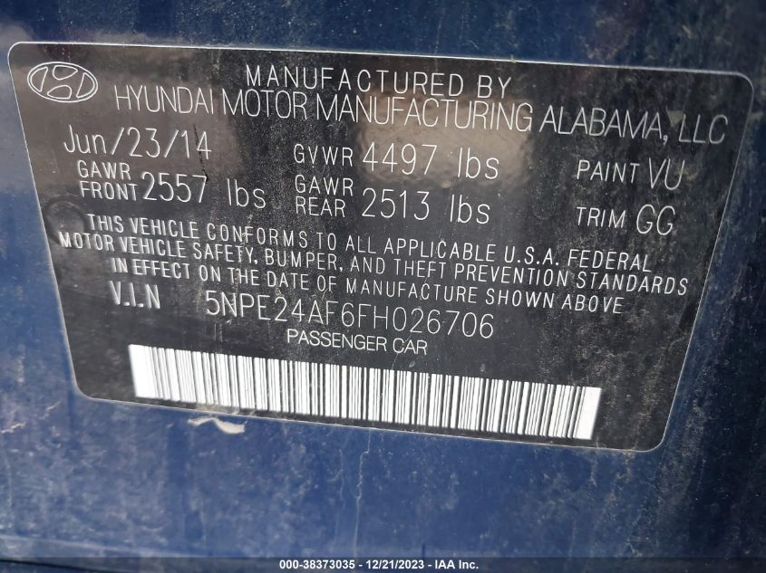 2015 HYUNDAI SONATA SE - 5NPE24AF6FH026706