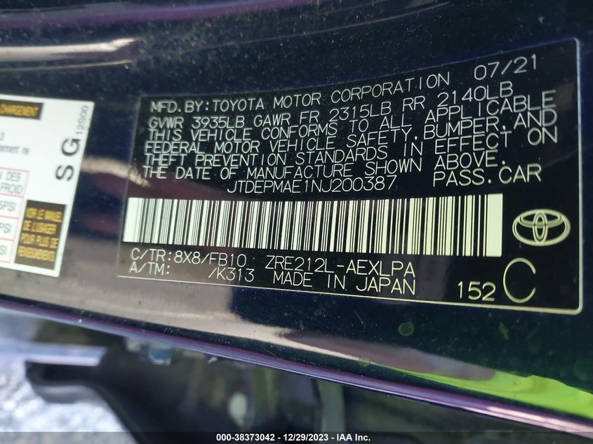 VIN JTDEPMAE1NJ200387 2022 TOYOTA COROLLA LE